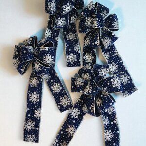 Stunning Navy Velvet Bow with Silver Snowflakes, 6 Loops, 2 Tails 8-12"